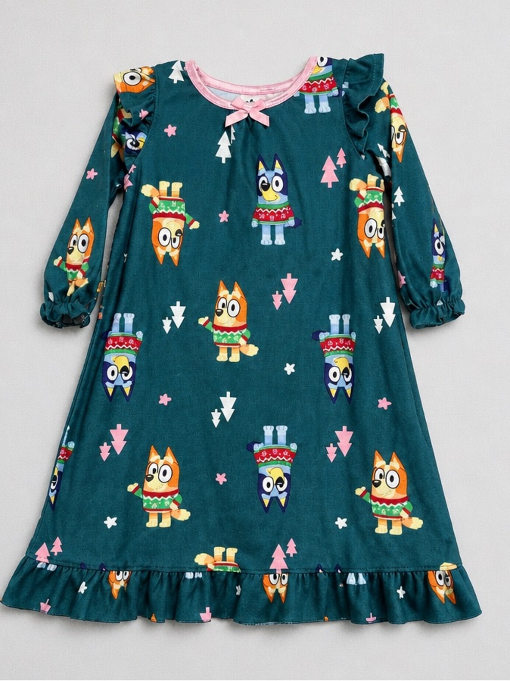 Bluey Holiday Green Print Nightgown with Pink Trim 2T